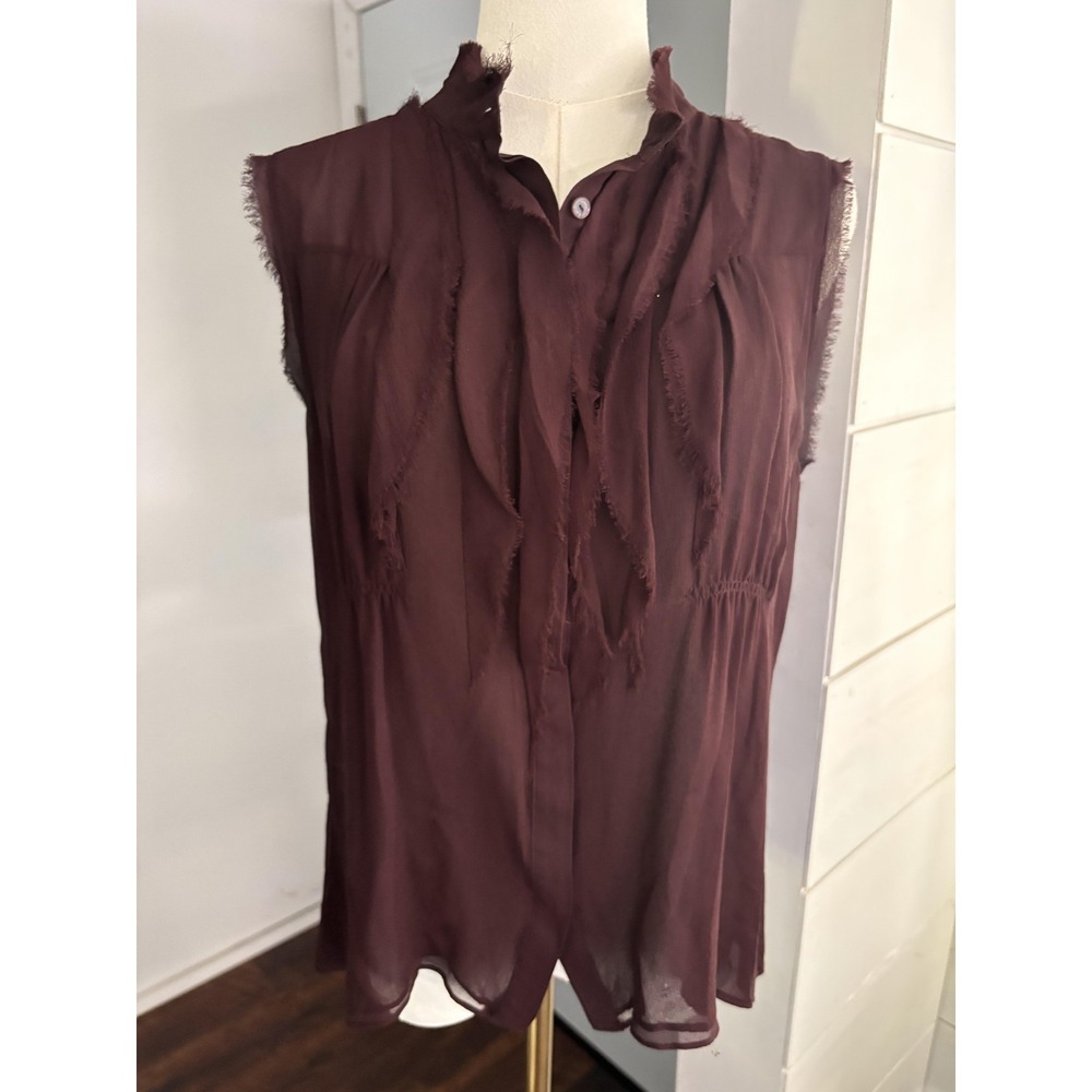 Vince Blouse Womens 10 Maroon 100% Silk Ruffle Sleeveless Sheer Top Button Front